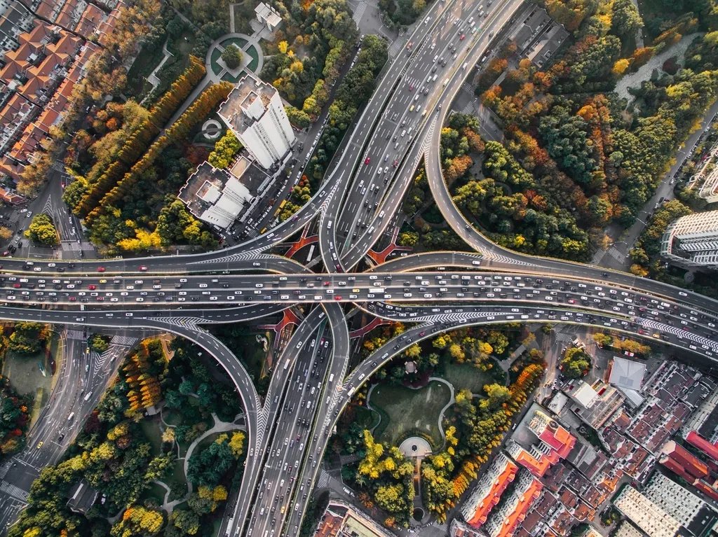 Aerial view of a highway interchange